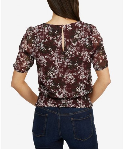 Women's Top with Floral Shirred Sleeves and Smocked Waist Winetasting Ditsy $42.57 Tops