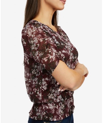 Women's Top with Floral Shirred Sleeves and Smocked Waist Winetasting Ditsy $42.57 Tops