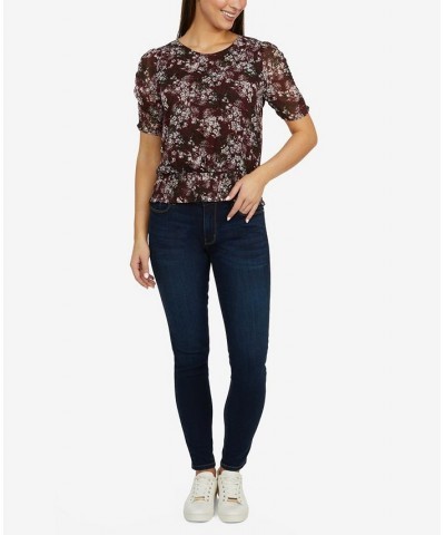 Women's Top with Floral Shirred Sleeves and Smocked Waist Winetasting Ditsy $42.57 Tops