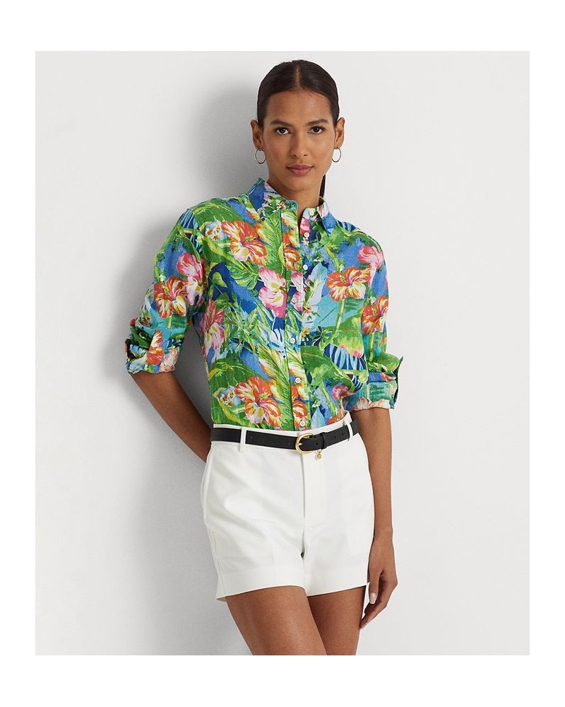 Women's Floral Linen Shirt Green/blue Multi $67.50 Tops