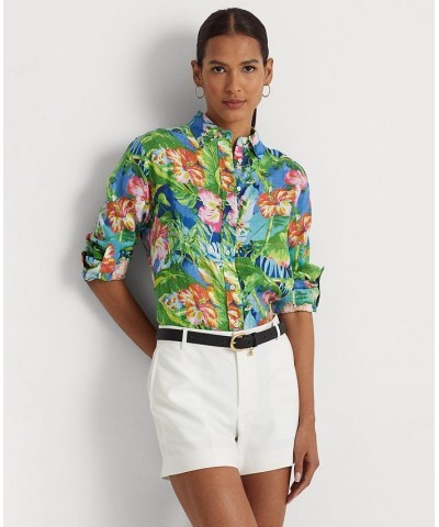 Women's Floral Linen Shirt Green/blue Multi $67.50 Tops