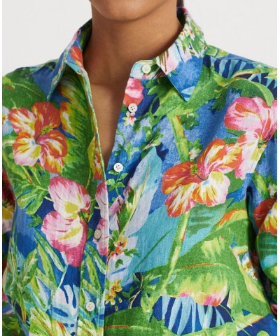 Women's Floral Linen Shirt Green/blue Multi $67.50 Tops