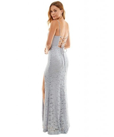 Juniors' Lace High-Slit Lace-Up Gown Silver $52.47 Dresses