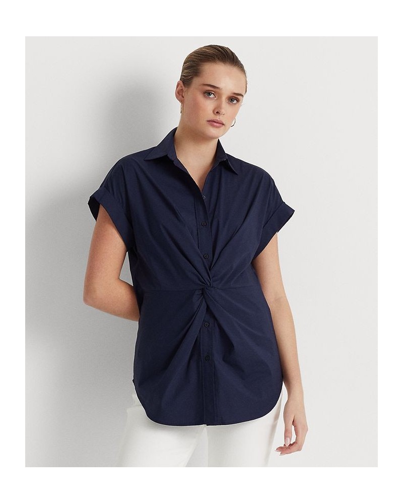 Women's Twist-Front Cotton Short-Sleeve Shirt French Navy $48.18 Tops