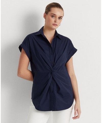 Women's Twist-Front Cotton Short-Sleeve Shirt French Navy $48.18 Tops