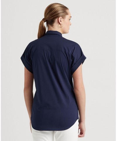 Women's Twist-Front Cotton Short-Sleeve Shirt French Navy $48.18 Tops