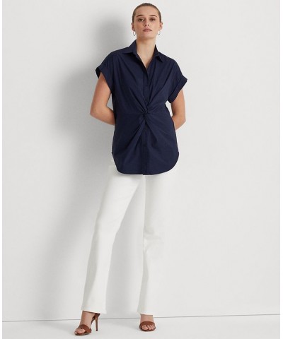 Women's Twist-Front Cotton Short-Sleeve Shirt French Navy $48.18 Tops