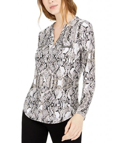 Women's Print Zip-Pocket Top in Regular & Petite Gray $18.63 Tops