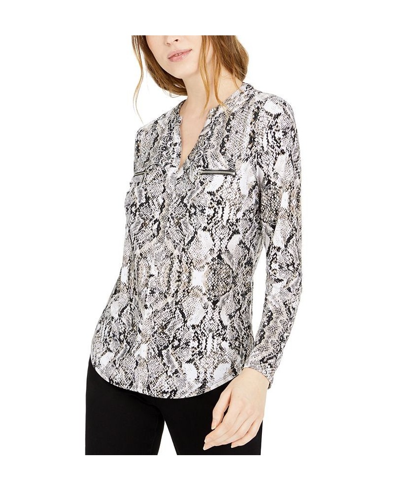 Women's Print Zip-Pocket Top in Regular & Petite Gray $18.63 Tops