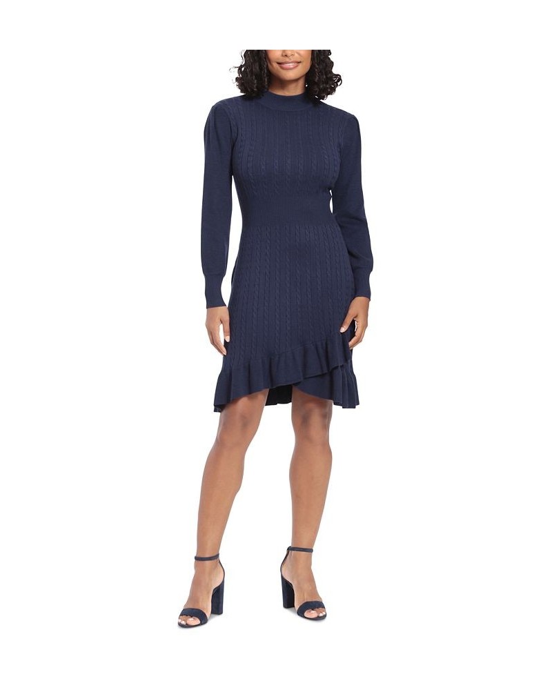 Women's Ruffled Crossover-Skirt Sweater Dress Blue $41.42 Dresses