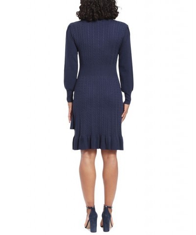 Women's Ruffled Crossover-Skirt Sweater Dress Blue $41.42 Dresses