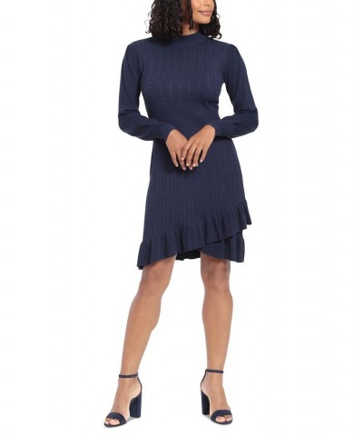 Women's Ruffled Crossover-Skirt Sweater Dress Blue $41.42 Dresses