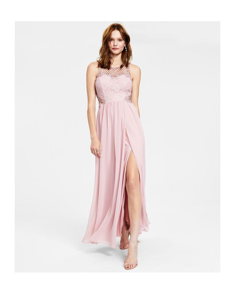 Juniors' Embellished Illusion Tulip Gown Pink $63.21 Dresses