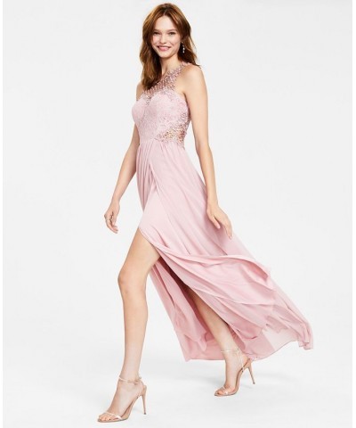 Juniors' Embellished Illusion Tulip Gown Pink $63.21 Dresses