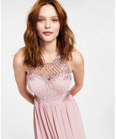 Juniors' Embellished Illusion Tulip Gown Pink $63.21 Dresses