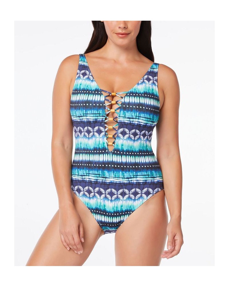 Lattice-Front One-Piece Swimsuit Navy Blue $43.35 Swimsuits