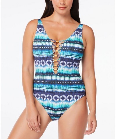 Lattice-Front One-Piece Swimsuit Navy Blue $43.35 Swimsuits