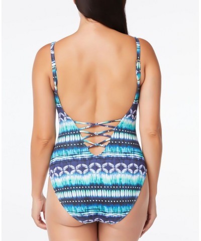 Lattice-Front One-Piece Swimsuit Navy Blue $43.35 Swimsuits