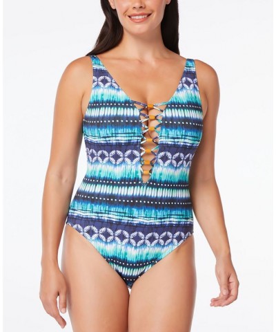 Lattice-Front One-Piece Swimsuit Navy Blue $43.35 Swimsuits