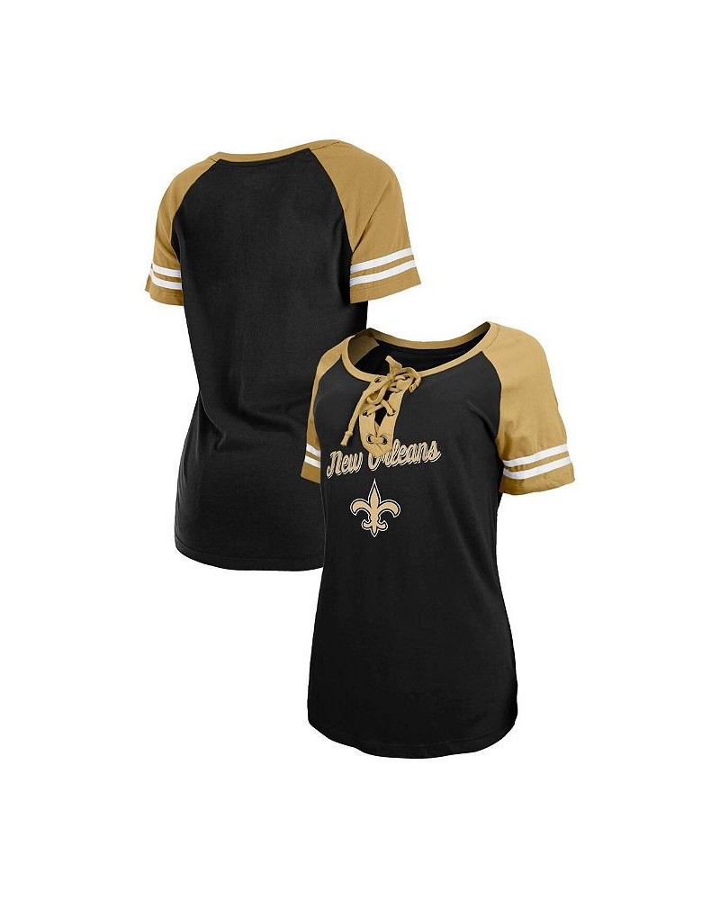 Women's Black Gold New Orleans Saints Logo Lace-Up Raglan T-shirt Black $22.67 Tops