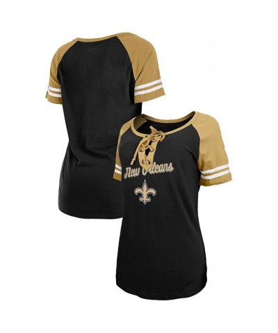 Women's Black Gold New Orleans Saints Logo Lace-Up Raglan T-shirt Black $22.67 Tops