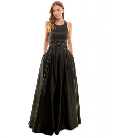 Juniors' Scoop-Neck Sleeveless Illusion-Detail A-Line Gown Black $71.82 Dresses