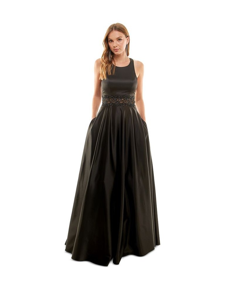 Juniors' Scoop-Neck Sleeveless Illusion-Detail A-Line Gown Black $71.82 Dresses