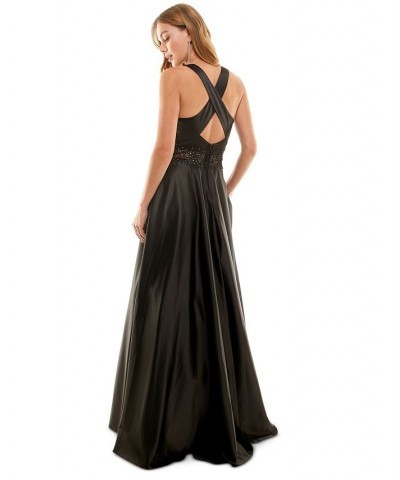 Juniors' Scoop-Neck Sleeveless Illusion-Detail A-Line Gown Black $71.82 Dresses