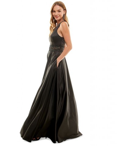 Juniors' Scoop-Neck Sleeveless Illusion-Detail A-Line Gown Black $71.82 Dresses