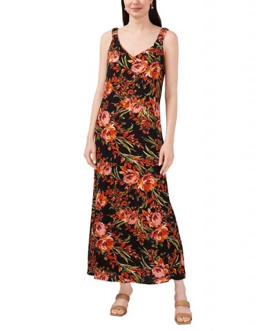 Women's Floral-Print Challis Maxi Dress Black & Coral Floral $43.45 Dresses