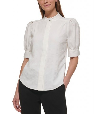 Petite Solid Ruffled Mock-Neck Elbow-Sleeve Blouse Linen White $43.61 Tops