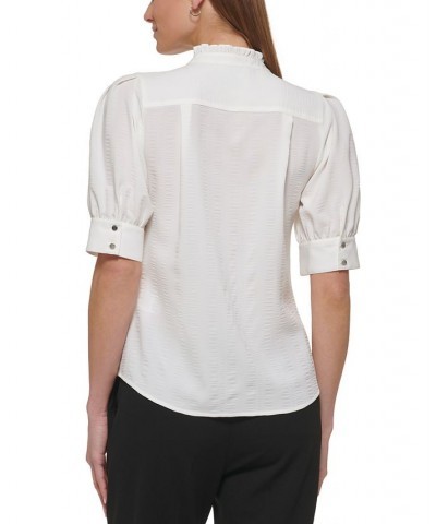 Petite Solid Ruffled Mock-Neck Elbow-Sleeve Blouse Linen White $43.61 Tops