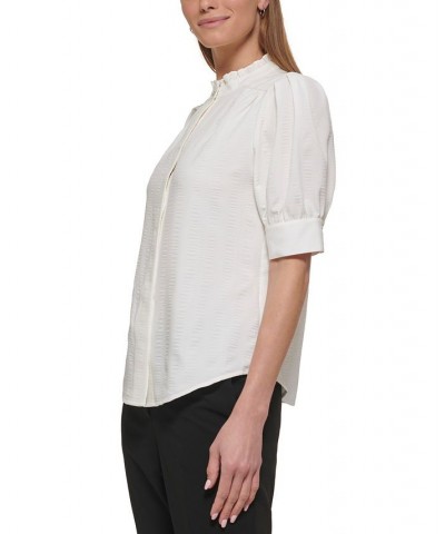 Petite Solid Ruffled Mock-Neck Elbow-Sleeve Blouse Linen White $43.61 Tops