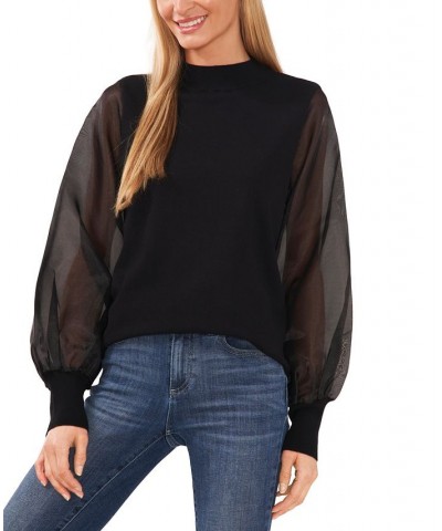 Women's Sheer-Organza-Sleeve Cotton Mock-Neck Sweater Rich Black $42.72 Sweaters