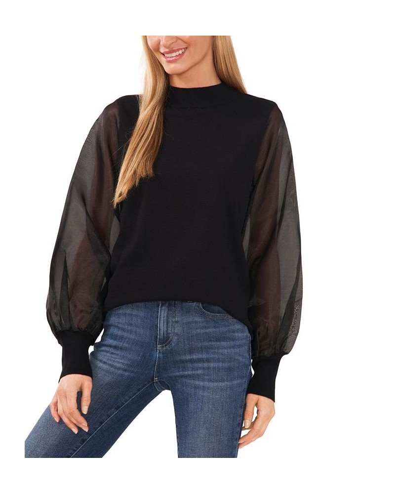 Women's Sheer-Organza-Sleeve Cotton Mock-Neck Sweater Rich Black $42.72 Sweaters