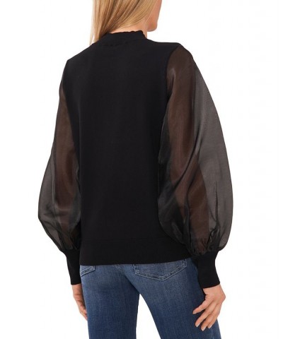 Women's Sheer-Organza-Sleeve Cotton Mock-Neck Sweater Rich Black $42.72 Sweaters