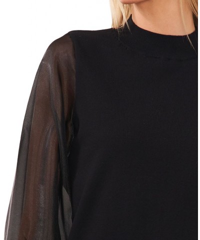 Women's Sheer-Organza-Sleeve Cotton Mock-Neck Sweater Rich Black $42.72 Sweaters