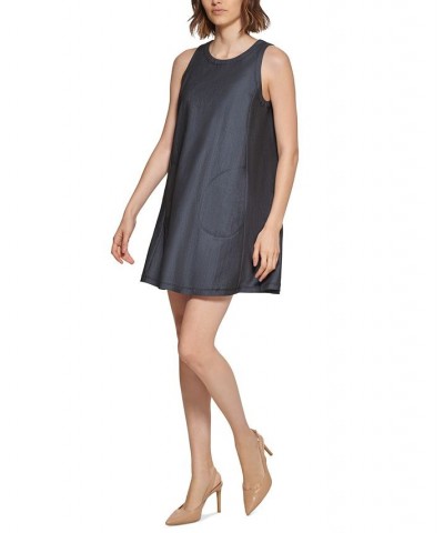 Petite Sleeveless Pocketed Denim Shift Dress Blue $41.28 Dresses