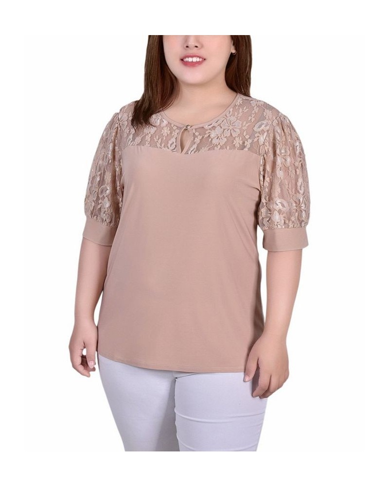 Plus Size Short Puff Sleeve Top with Lace Sleeves and Yoke Yellow $13.25 Tops