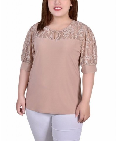 Plus Size Short Puff Sleeve Top with Lace Sleeves and Yoke Yellow $13.25 Tops