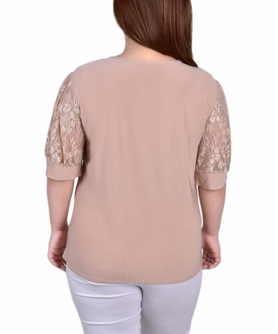 Plus Size Short Puff Sleeve Top with Lace Sleeves and Yoke Yellow $13.25 Tops