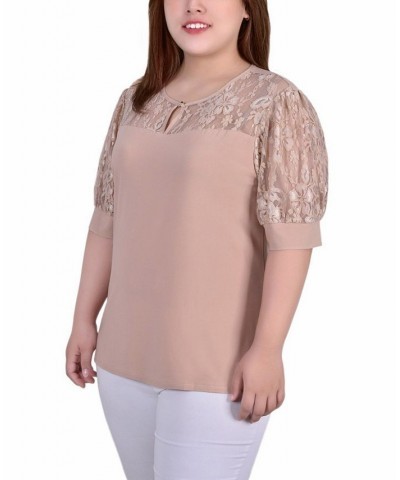 Plus Size Short Puff Sleeve Top with Lace Sleeves and Yoke Yellow $13.25 Tops