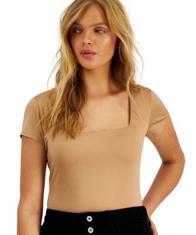 Women's Square-Neck Short-Sleeve Bodysuit Brown $12.32 Tops