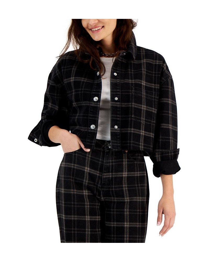 Juniors' Cropped Plaid Flannel Shirt Jacket Black Flan $14.55 Jackets