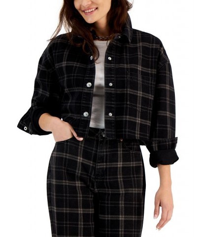 Juniors' Cropped Plaid Flannel Shirt Jacket Black Flan $14.55 Jackets