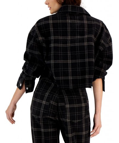 Juniors' Cropped Plaid Flannel Shirt Jacket Black Flan $14.55 Jackets