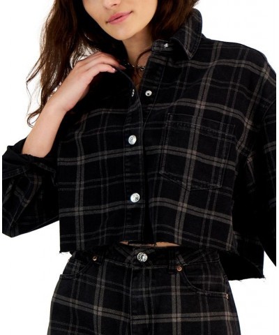 Juniors' Cropped Plaid Flannel Shirt Jacket Black Flan $14.55 Jackets