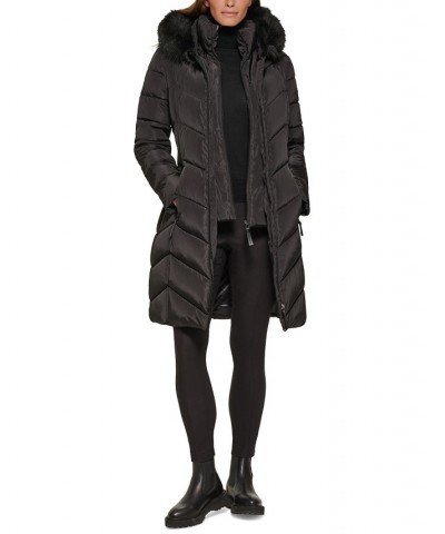 Women's Faux-Fur-Trim-Hooded Puffer Coat Black $68.40 Coats