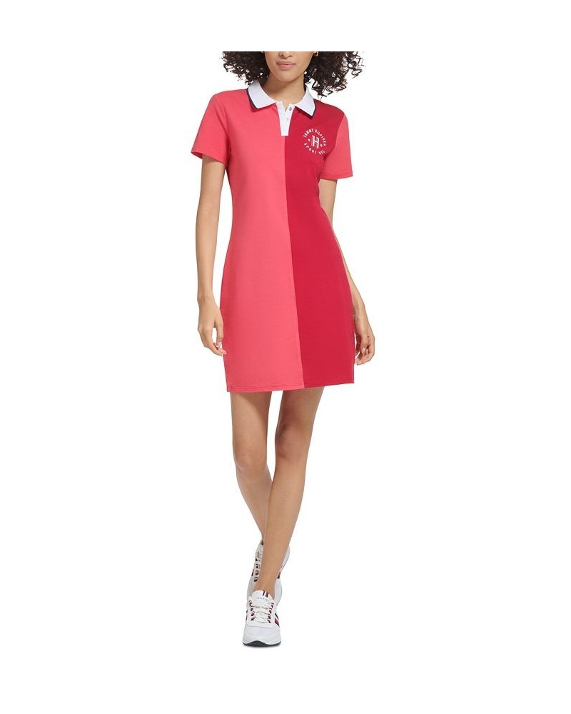 Women's Fitted Short-Sleeve Colorblocked Polo Dress Ruby Glow Combo $22.26 Dresses