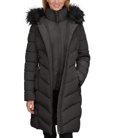 Women's Faux-Fur-Trim-Hooded Puffer Coat Black $68.40 Coats